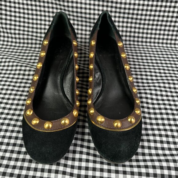 Tory Burch Studded Suede Wedge Heel Suede Black Gold Studs Women's Size 7 - Picture 2 of 5